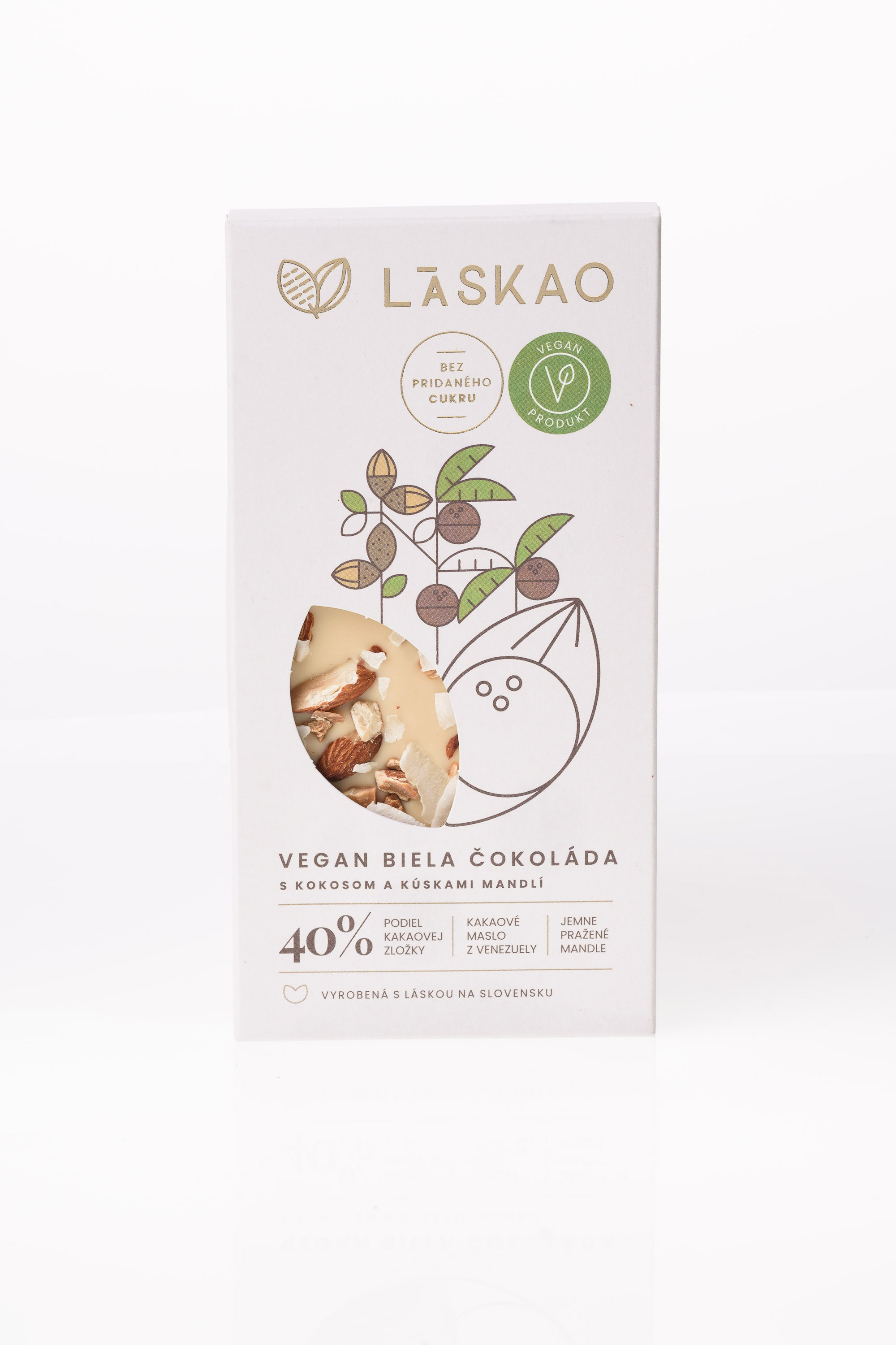 LÁSKAO vegan biela čokoláda s kokosom a kúskami mandlí, 75g