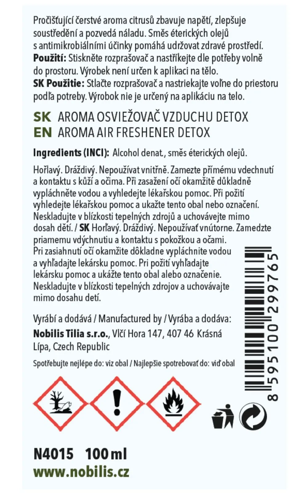 Nobilis Tilia Aróma osviežovač vzduchu Detox 100 ml